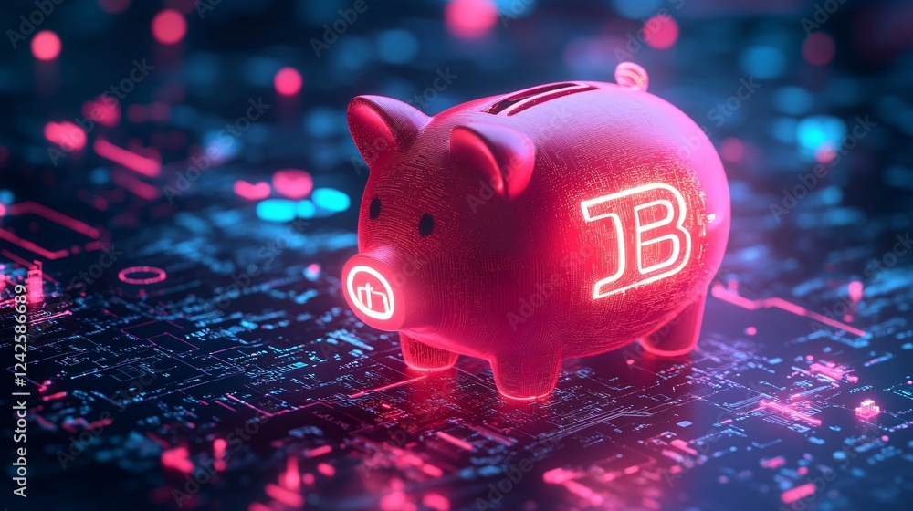 Aufkleber shining piggy bank sits on a circuit board, symbolizing the idea of storing bitcoin
