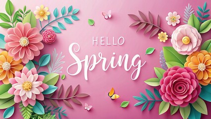 Hello Spring Banner: Pink Background with Paper Flowers and Leaves