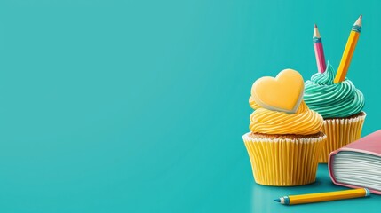 Colorful Cupcakes with Pencils and Book on Table