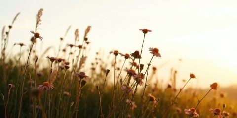 Wildflowers swaying gently in the breeze at dawn, soft focus, morning light, dewy grass