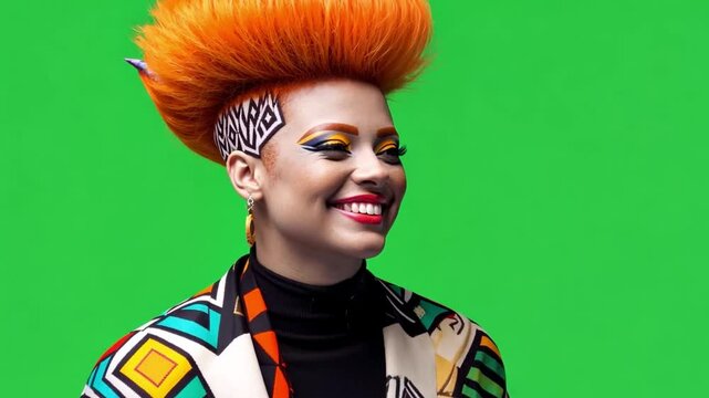 Vibrant Woman with Bold Hairstyle: A young woman with a striking orange mohawk and colorful makeup smiles radiantly against a bright green background.