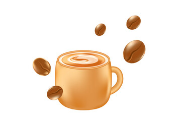 Cute 3D caramel beige coffee cup icon isolated, transparent background. Aesthetic glowing glass or plastic texture mug with cappuccino cream swirl, scattered coffee beans. Elegant decorative element