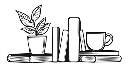 Books, plant, coffee, shelf, reading, home office, study, design