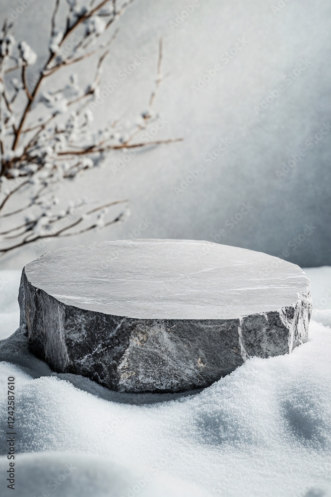 Poster empty round stone podium on snow for product placement with snow covered branches in the background