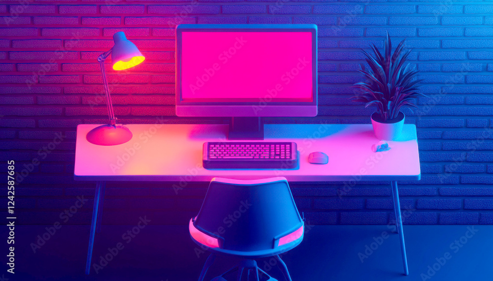 Poster a modern workspace with vibrant lights and a sleek computer setup.