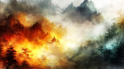Fototapeta premium Serene Pagoda Amidst Fiery Mountain Mist