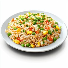 Colorful Plate of Fried Rice with Vegetables and Eggs Garnished with Fresh Herbs
