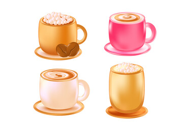 Cute 3D coffee cup set with different flavors, toppings isolated icon, transparent background. Cappuccino mug with glowing glass or plastic texture. Elegant decorative element, coffee clipart.