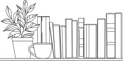 Bookshelf with plant and mug, home office background, reading