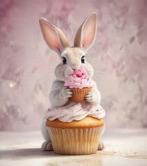 Whimsical watercolor bunny with a delicious cupcake, cupcake, watercolor, party