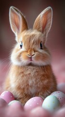 Obraz premium Cute Bunny with Colorful Easter Eggs on Soft Background
