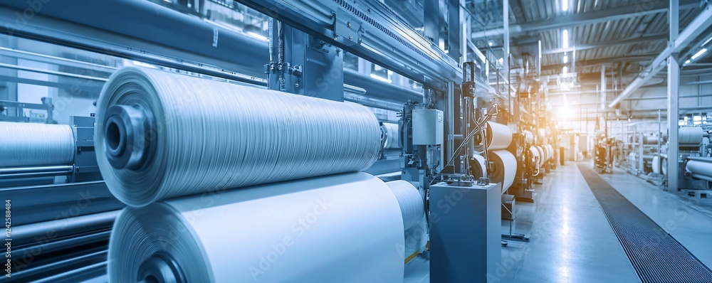 Poster textile mill with automated machinery processing fabric on large spools