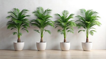 Fototapeta premium Vibrant Green Potted Palm Trees Against a Clean White Wall Background