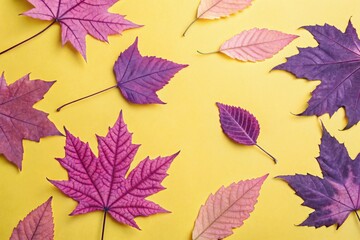 Whimsical abstract leaf shapes in shades of pink and purple set against a bright yellow background, leaves, yellow, pink, whimsical, abstract