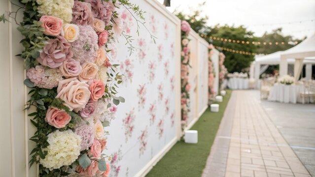 Whimsical flower wall in a pastel color palette, playful decor, spring inspiration, sweet treats, garden party vibes