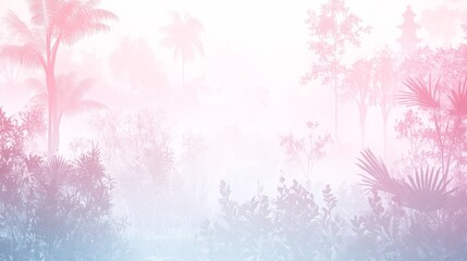 Serene Pastel Foggy Tropical Landscape with Pagoda