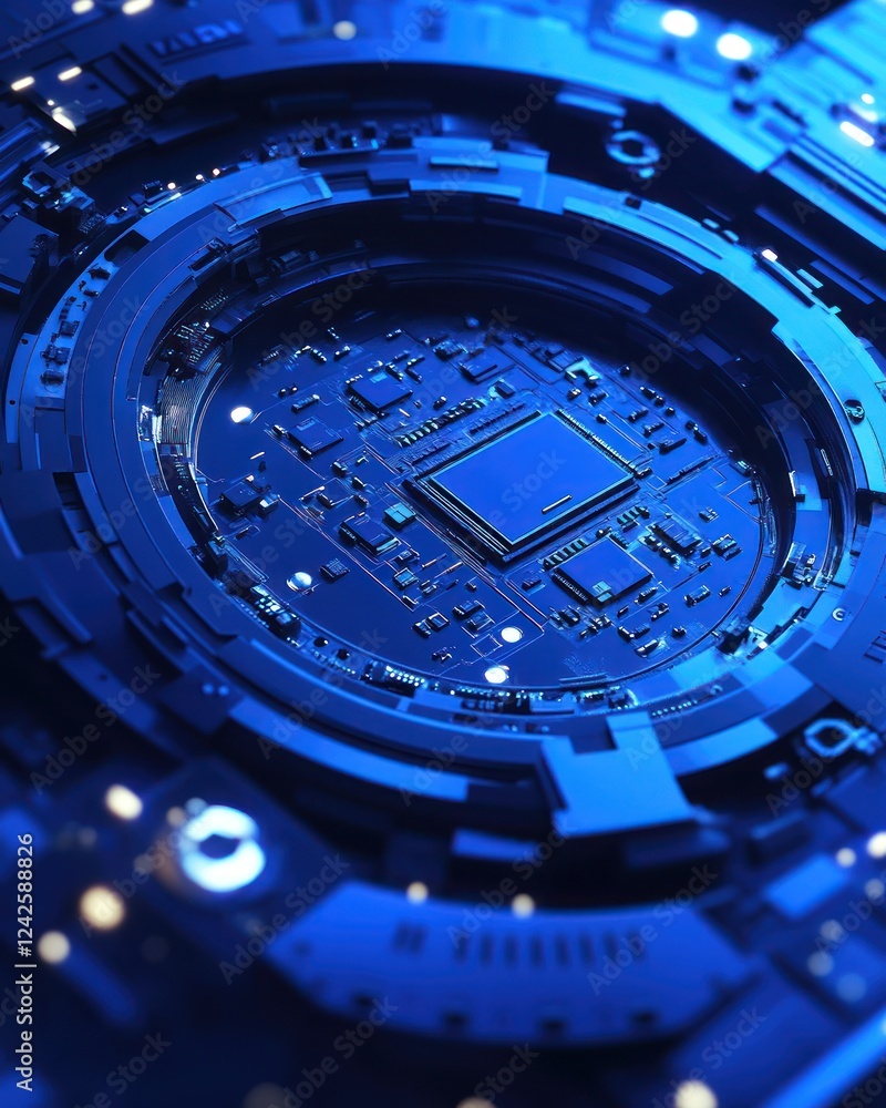 Poster circuit board detail, tech, macro view of interconnected network, background lighting. tech design f