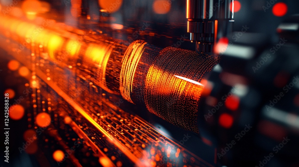 Leinwandbilder Futuristic industrial machine processing data with red particles flowing through transparent pipe and red bokeh lights