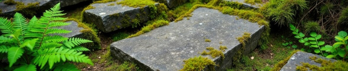 Weathered limestone surface with ferns and moss, rugged, ferns