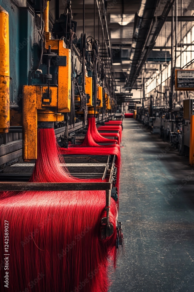 Poster industrial machine processing red yarn in a textile factory