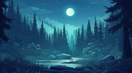 Serene Moonlit Forest Landscape With Tranquil River © Andi