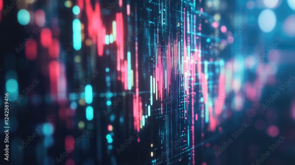Poster colorful digital financial data graph showing stock market trends and patterns with neon pink and bl