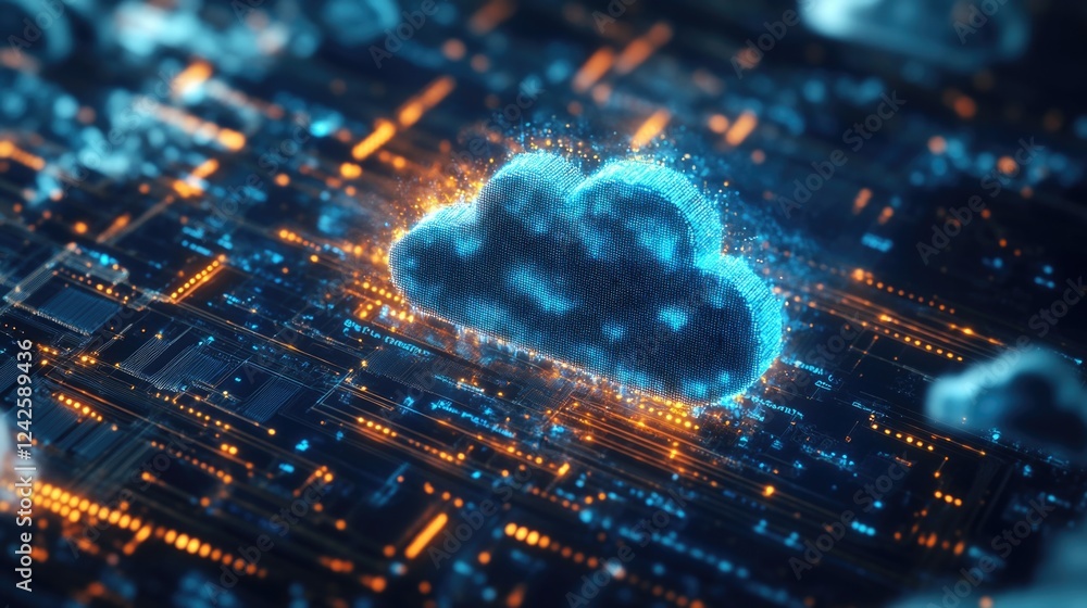 Poster futuristic cloud computing concept with digital circuitry illuminated in blue and orange hues repres