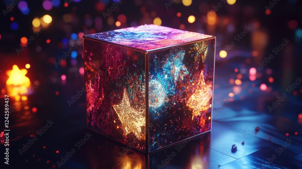 Poster shimmering new year gift box with colorful light reflections and star patterns on a reflective surfa