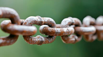 Fototapeta premium Rusty chain links close-up, blurred green background, strength concept, industrial use
