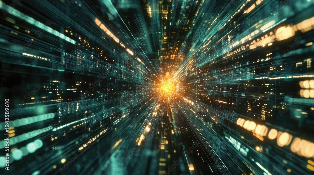 Poster dynamic visual representation of big data analytics with vibrant blue and golden light beams converg