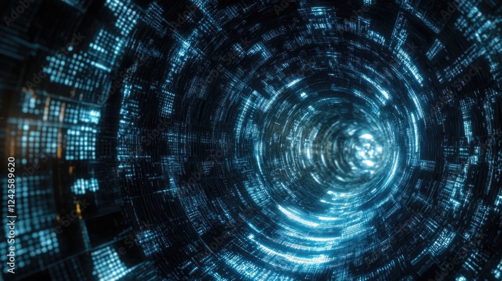 Poster high-tech data tunnel visualization featuring glowing blue and turquoise digital patterns spiraling 