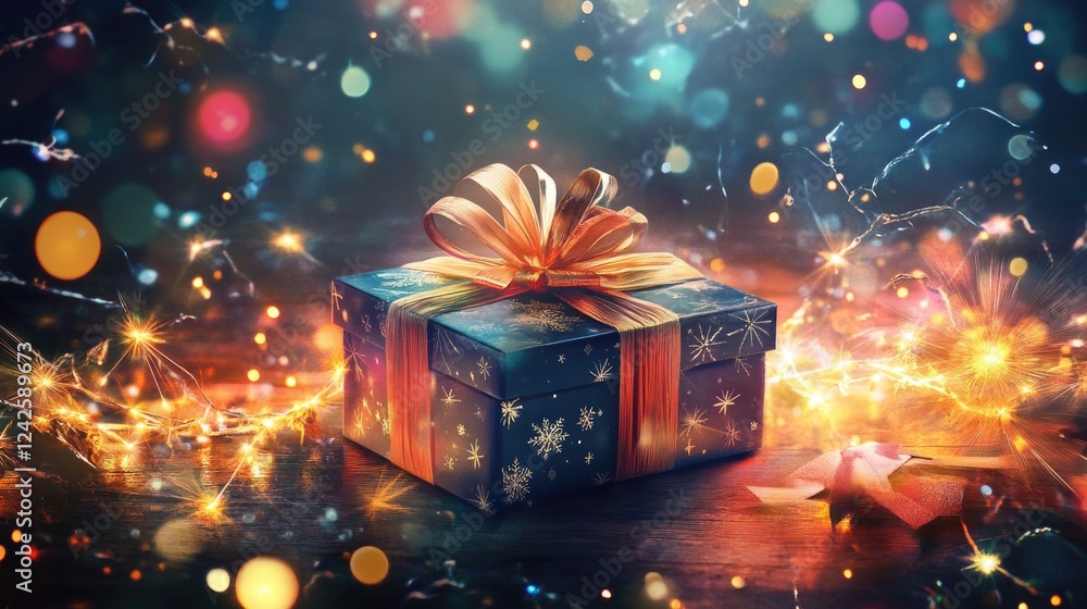 Poster gift box adorned with a golden ribbon and snowflake patterns illuminated by festive bokeh lights on 