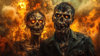 Terrifying burnt zombies with glowing eyes in a dramatic fiery background showcasing horror elements and destruction ambiance.