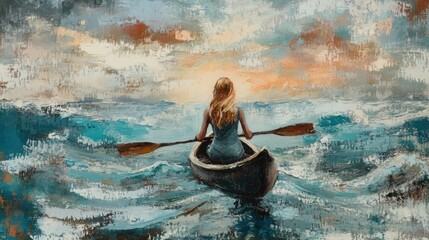Woman kayaking on a tranquil sea at sunset with vibrant orange and blue hues reflecting on the water, showcasing the beauty of nature.