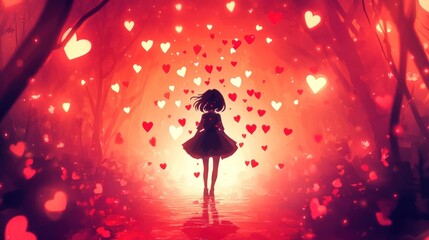 Girl stands in heart-filled forest, magical glow, Valentine's Day card design