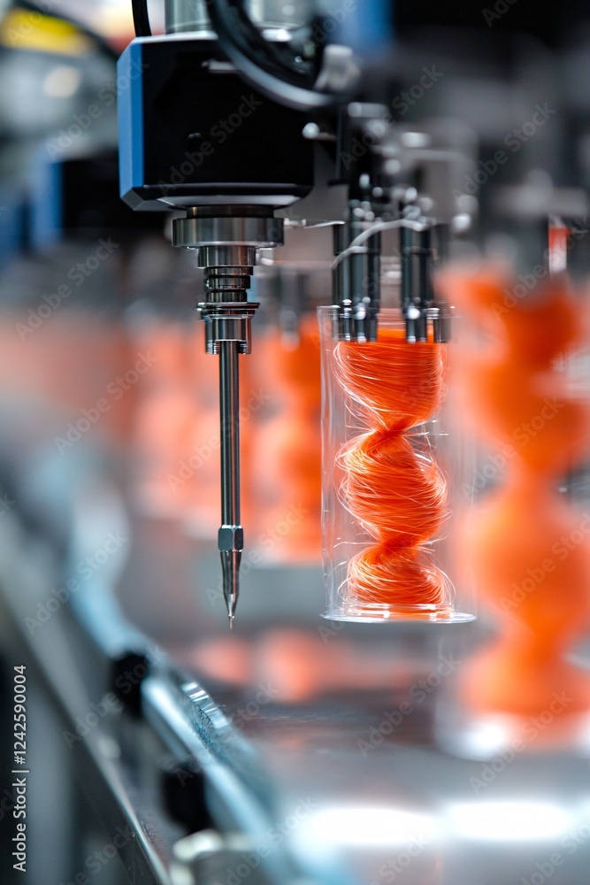 Poster factory producing orange thread using automated needle mechanism in industrial equipment