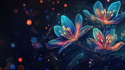 Glowing Blue Flowers Dark Background Sparkle