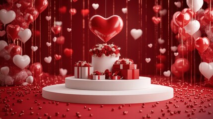 Romantic Valentine's Day gift display, red background, hearts, balloons, celebration