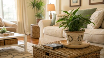 Naklejka premium Warm and inviting colors of a cozy living room featuring a potted plant on a woven basket coffee table, comforting atmosphere, relaxing ambiance, potted plants