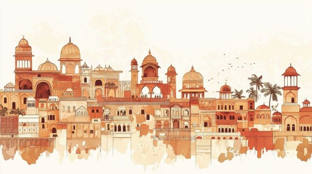 Cultural elements of Rajasthan, including Kachhi Ghodi folk dance, highlighted in art.