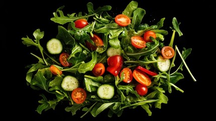 Fresh salad, arugula, tomatoes, cucumbers, black background, food photography, recipe