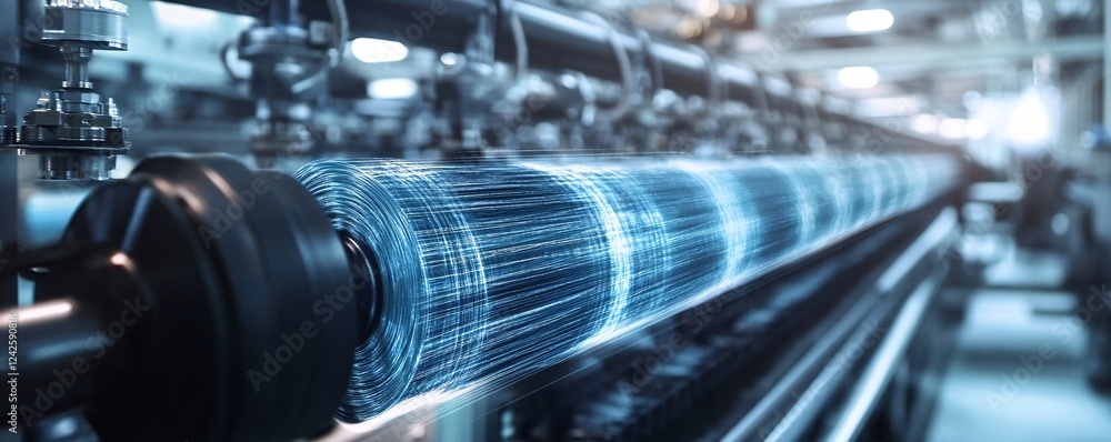 Poster Fabric production line in textile mill weaving threads with futuristic digital overlay showing data