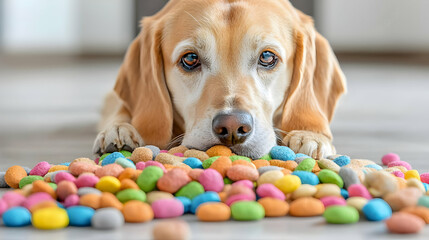 Beagle dog eating colorful treats indoors
