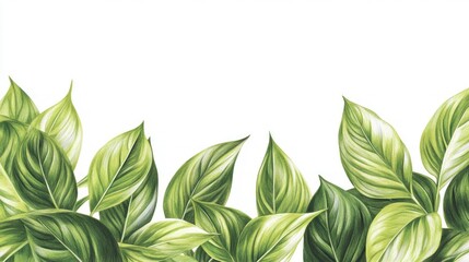 Lush green leaves border, white background, botanical illustration, website banner