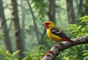 Fototapeta premium Vibrant western tanager perched on a branch in lush green forest, birdwatching, feathers, bird, nature