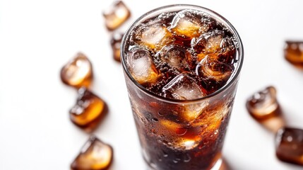 Iced cola drink, bubbles, ice cubes, white background, refreshment