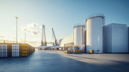 Obraz premium Airplane at sunset near cargo containers and storage tanks at industrial port