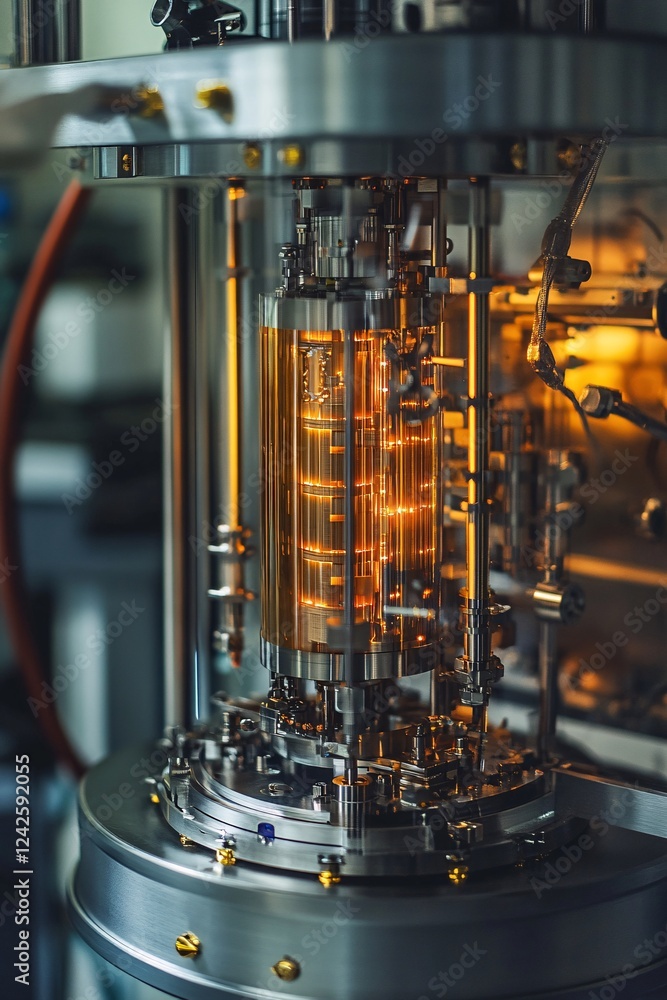 Poster Quantum computer processing unit is glowing orange while performing complex calculations