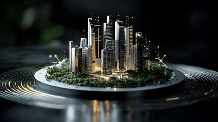 Futuristic city model, night scene, circular platform, green space, urban development concept