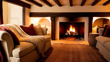 A cozy living room with a fireplace and comfortable furniture in a modern home setting